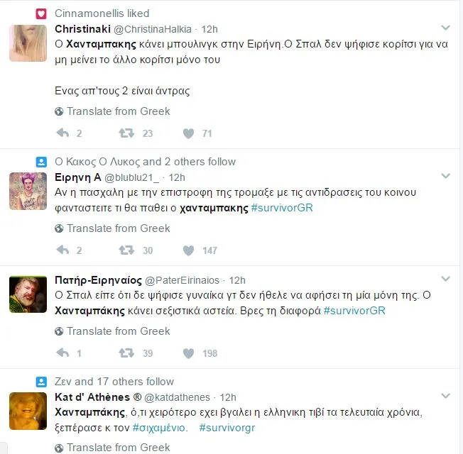 Στιγμιότυπο από το Twitter με αναρτήσεις χρηστών για τον Χανταμπάκη.