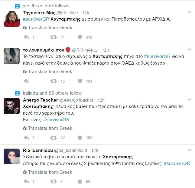 Στιγμιότυπο οθόνης από αναρτήσεις στο Twitter για τον Στέλιο Χανταμπάκη.