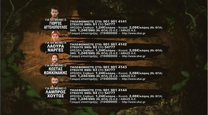 Κάρτα ψηφοφορίας για το Survivor με τους Γιώργο Αγγελόπουλο, Λάουρα Νάργες, Κώστα Κοκκινάκη και Λάμπρο Χούτο.