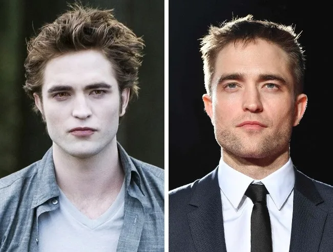 Κολάζ με τον Robert Pattinson ως Edward Cullen στο Twilight και σε πρόσφατη εμφάνιση με κοστούμι.