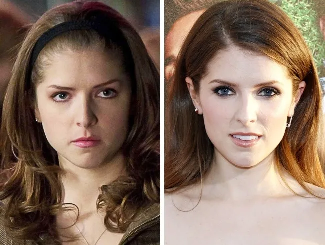 Κολάζ με δύο φωτογραφίες της Anna Kendrick από διαφορετικές χρονικές περιόδους.