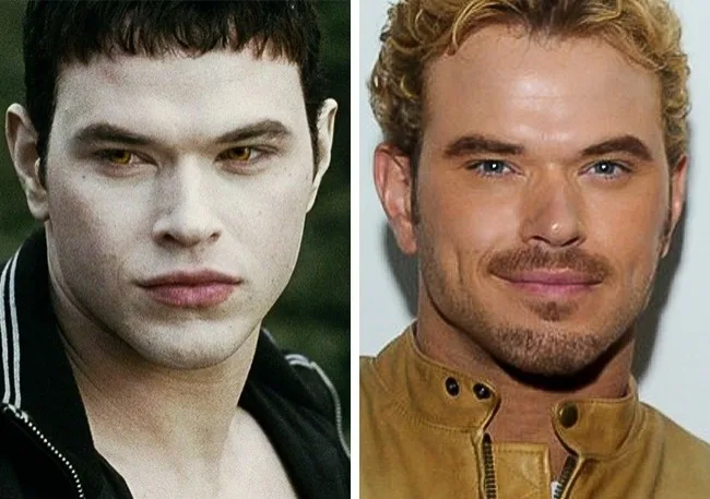 Κολάζ με τον Kellan Lutz ως Emmett Cullen στο Twilight και σε πρόσφατη φωτογραφία.