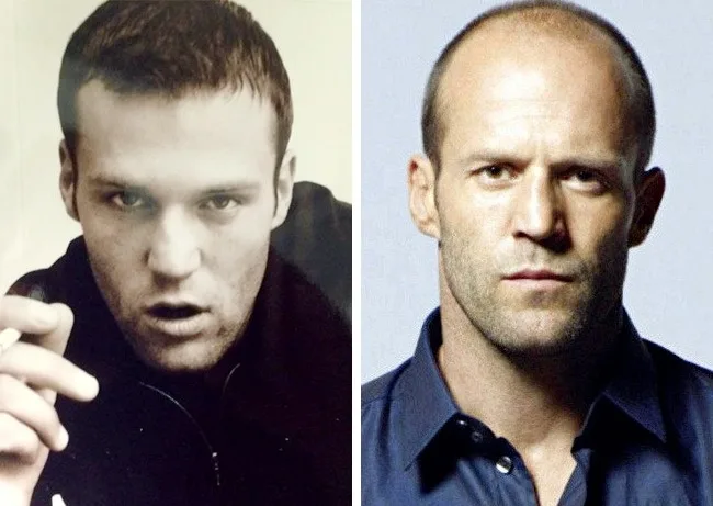 Ο Jason Statham σε σύγκριση παλαιότερης φωτογραφίας του με μαλλιά και πρόσφατης, δείχνοντας την αλλαγή του.