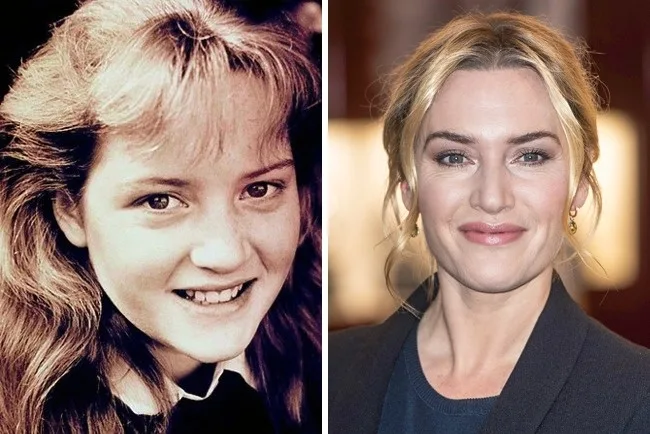 Κολάζ με δύο φωτογραφίες της Kate Winslet σε νεαρή και ενήλικη ηλικία.