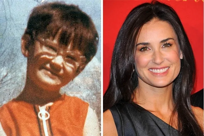 Κολάζ με φωτογραφία της Demi Moore από την παιδική της ηλικία και μια πρόσφατη εμφάνιση.
