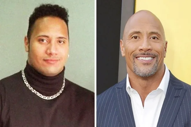 Dwayne Johnson: Σύγκριση παλιάς φωτογραφίας με ζιβάγκο και αλυσίδα δίπλα σε πρόσφατη εμφάνιση με κοστούμι.