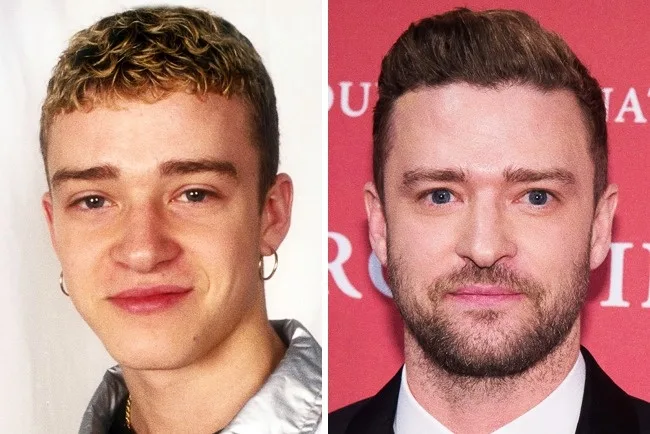 Κολάζ με δύο φωτογραφίες του Justin Timberlake, μία από την εφηβεία του και μία από την ενήλικη ζωή του.