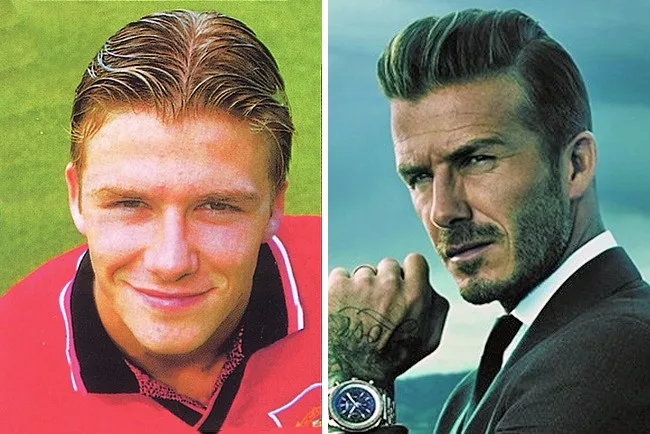Κολάζ με δύο φωτογραφίες του David Beckham από διαφορετικές περιόδους της ζωής του.