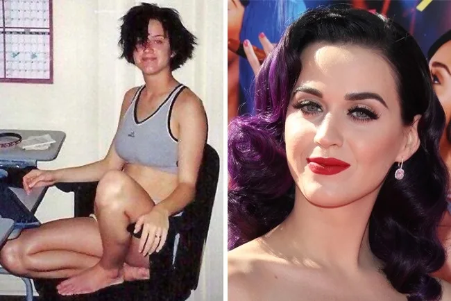 Κολάζ με δύο φωτογραφίες της Katy Perry, μία από την εφηβεία της και μία από επίσημη εμφάνιση.