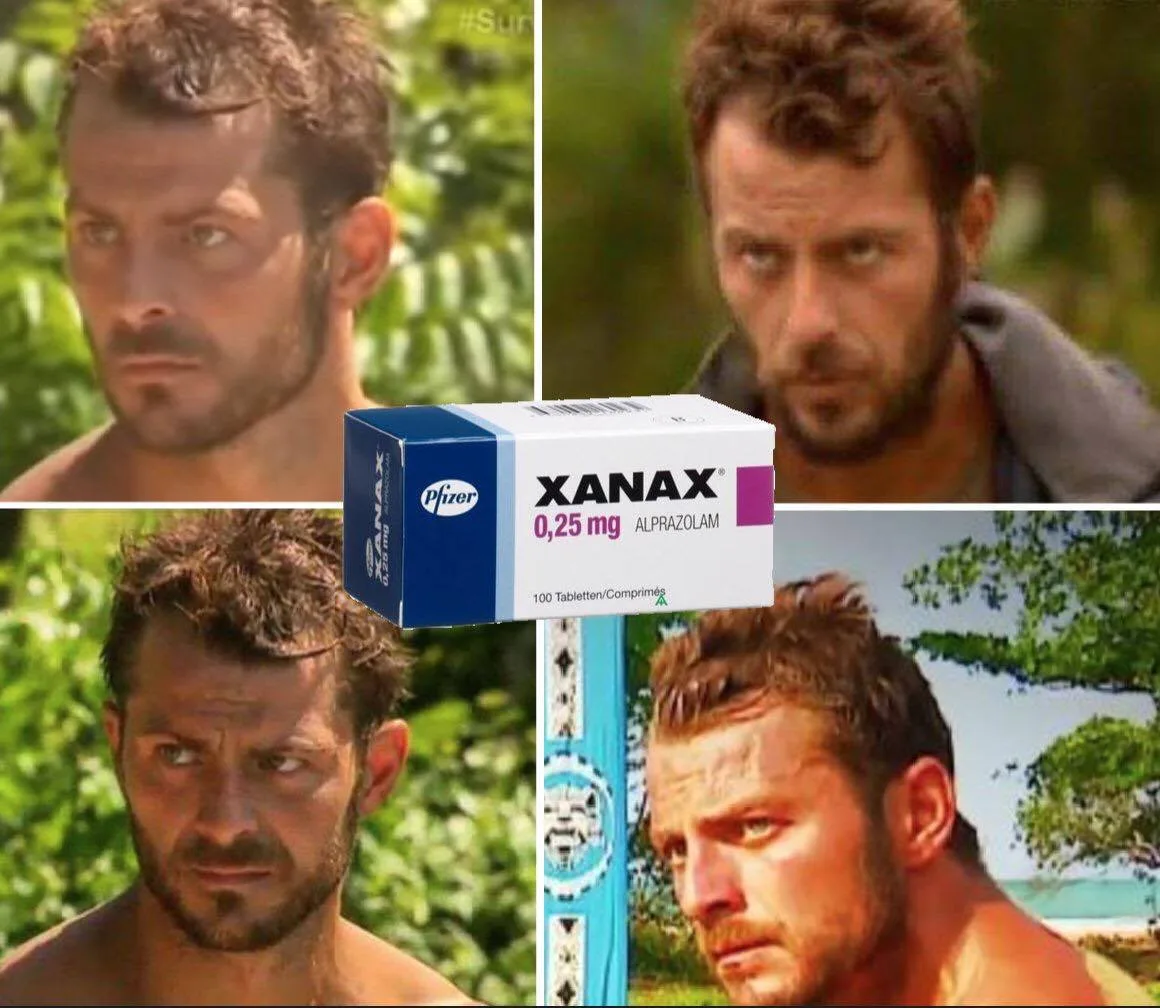 Κολάζ με τέσσερις φωτογραφίες άνδρα από το Survivor και ένα κουτί φαρμάκου Xanax στο κέντρο.