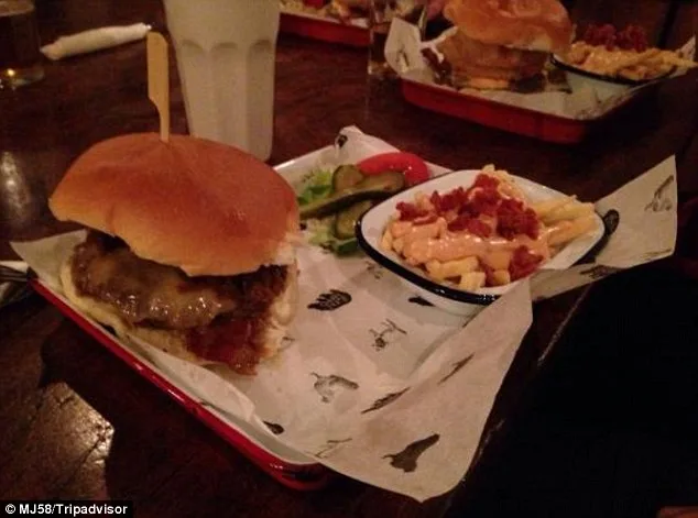 Ένα burger με λιωμένο τυρί και πατάτες τηγανιτές με toppings σε δίσκο.