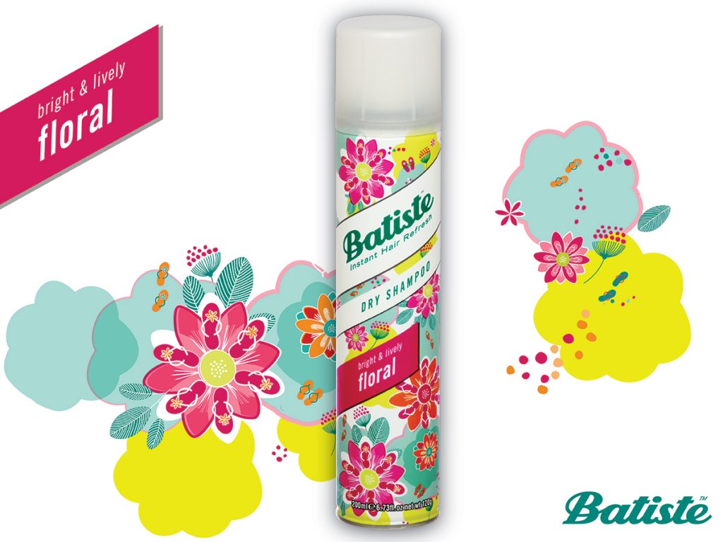 Συσκευασία Batiste Dry Shampoo Floral με πολύχρωμα λουλούδια σε λευκό φόντο.