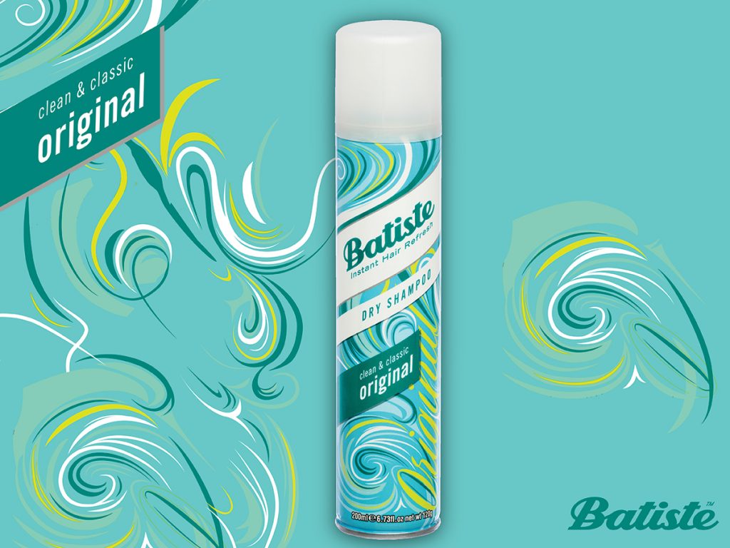 Batiste Dry Shampoo Original σε τιρκουάζ φόντο με αφηρημένα σχέδια.