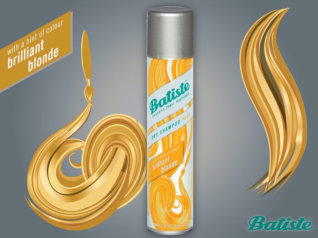 Συσκευασία ξηρού σαμπουάν Batiste Brilliant Blonde με γραφικά ξανθών μαλλιών.