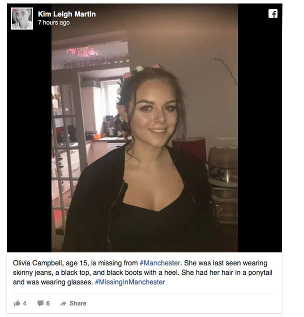 Η Olivia Campbell σε φωτογραφία από ανάρτηση στα social media για την αναζήτηση αγνοουμένων στο Μάντσεστερ.