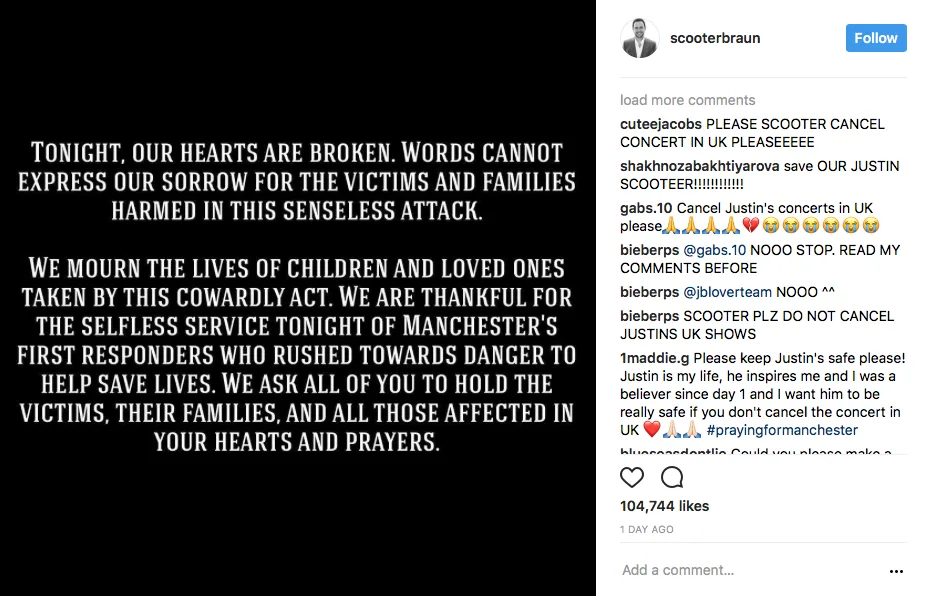 Ανάρτηση του Scooter Braun στο Instagram για την επίθεση στο Μάντσεστερ με σχόλια θαυμαστών του Justin Bieber.