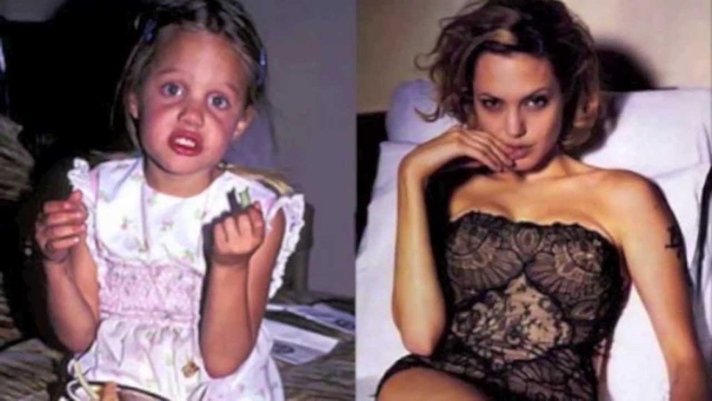Κολάζ με παιδική και ενήλικη φωτογραφία της Angelina Jolie.