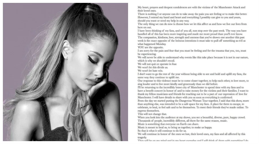Η Ariana Grande σε ασπρόμαυρη φωτογραφία δίπλα σε ένα μακροσκελές κείμενο.