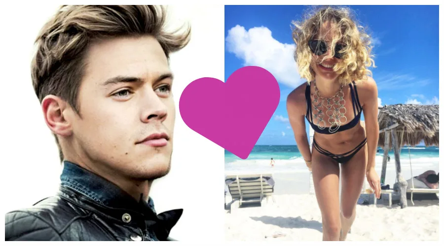 Κολάζ με τον Harry Styles και την Tess Ward με μια καρδιά ανάμεσά τους.