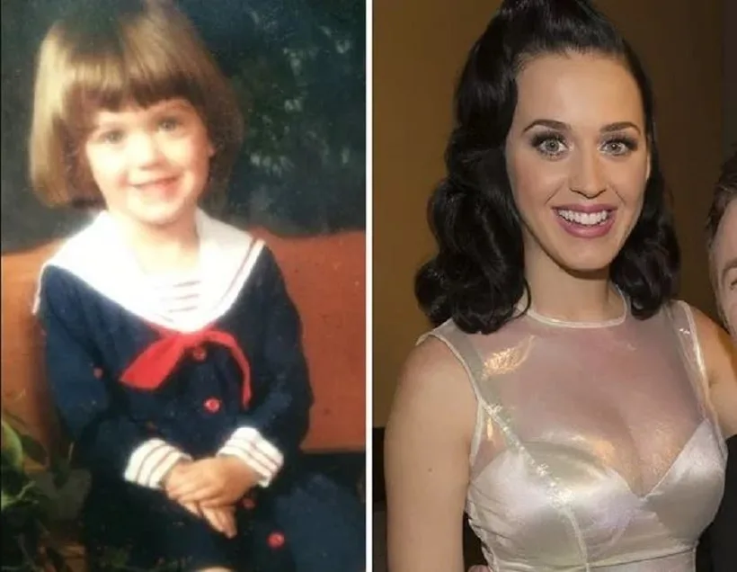 Κολάζ με παιδική φωτογραφία της Katy Perry και πρόσφατη εμφάνισή της.