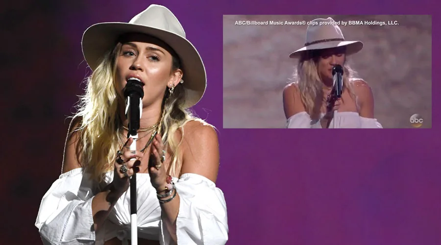 Η Miley Cyrus τραγουδάει στη σκηνή των Billboard Music Awards.