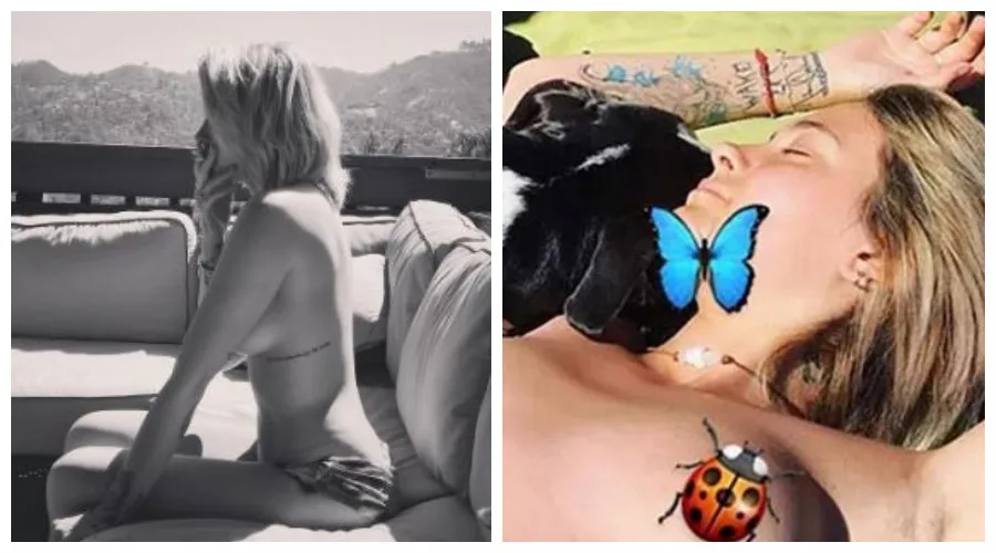 Η Paris Jackson ποζάρει τόπλες σε εξωτερικό χώρο.