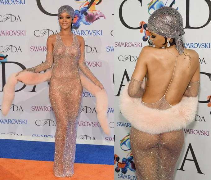 Η Rihanna με διάφανο φόρεμα Swarovski στα βραβεία CFDA.