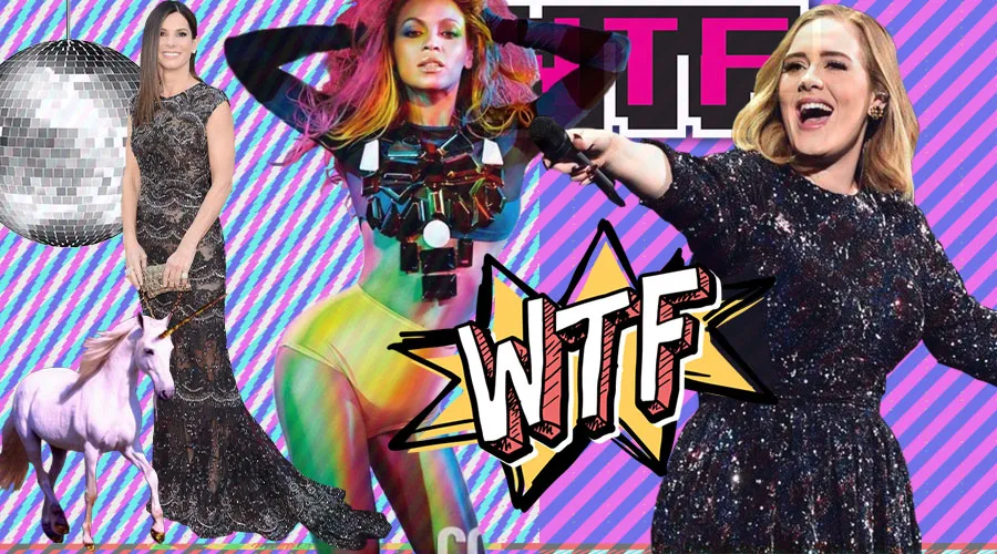 Κολάζ με την Sandra Bullock, την Beyoncé και την Adele σε πολύχρωμο φόντο με ντισκομπάλα και μονόκερο.