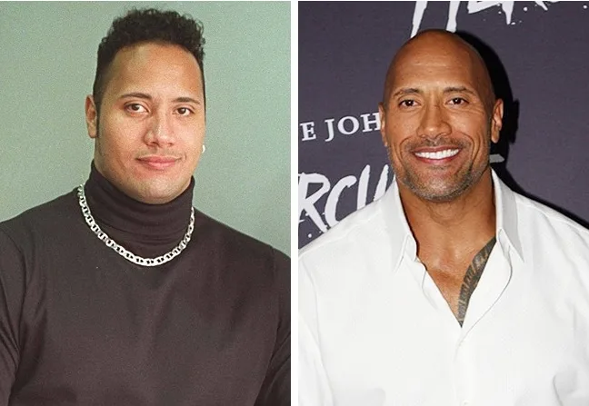 Ο Dwayne Johnson, γνωστός ως The Rock, σε παλαιότερη φωτογραφία με μαλλιά και σε πρόσφατη εμφάνισή του.