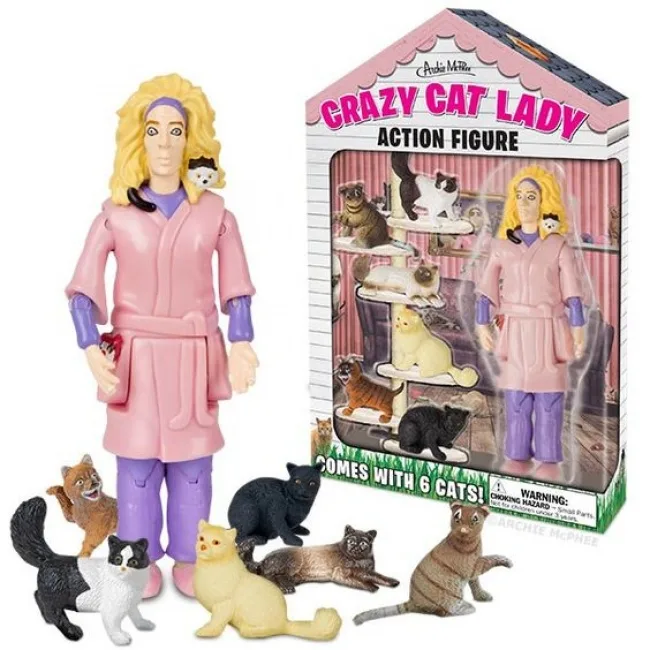 Φιγούρα δράσης Crazy Cat Lady με έξι γάτες και τη συσκευασία της.