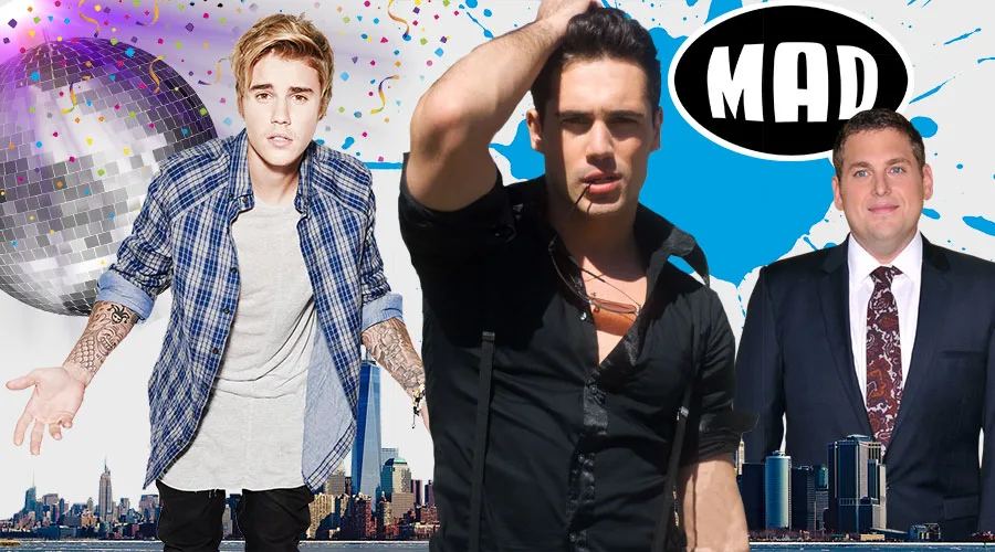 Κολάζ με τον Justin Bieber, τον Άνθιμο Ανανιάδη και τον Jonah Hill σε φόντο με ντισκομπάλα και την πόλη της Νέας Υόρκης.