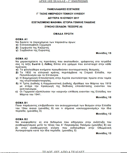Θέματα Πανελλαδικών Εξετάσεων 2017 στο μάθημα της Ιστορίας Γενικής Παιδείας.