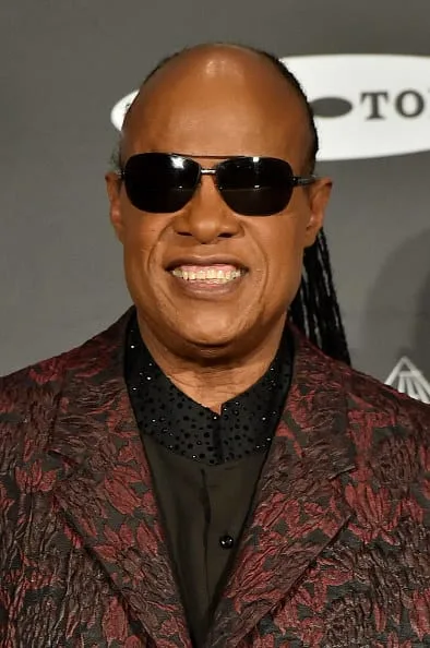 Ο Stevie Wonder με μαύρα γυαλιά ηλίου και σκούρο σακάκι με μοτίβα.