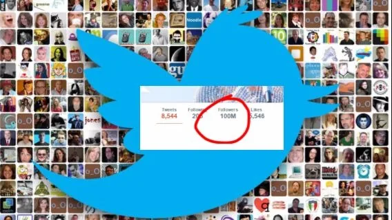 Το λογότυπο του Twitter πάνω από ένα μωσαϊκό φωτογραφιών προφίλ και ένδειξη 100 εκατομμυρίων followers.