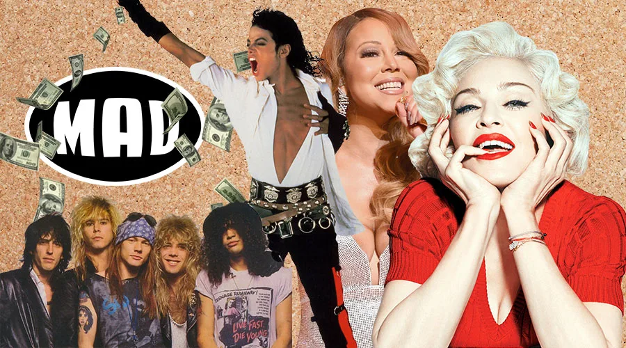 Κολάζ με Michael Jackson, Madonna, Mariah Carey και Guns N' Roses με το λογότυπο του MAD.