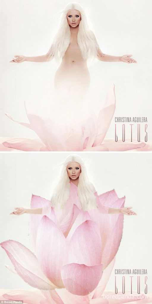 Σύγκριση του εξωφύλλου Lotus της Christina Aguilera με τη λογοκριμένη έκδοση.