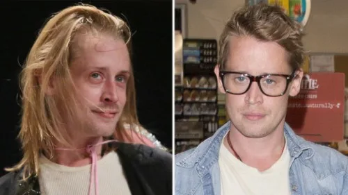 Κολάζ με δύο φωτογραφίες του Macaulay Culkin που δείχνουν την αλλαγή στην εμφάνισή του.