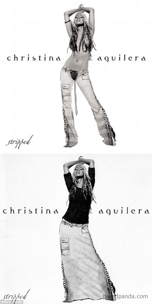 Σύγκριση του εξωφύλλου του άλμπουμ Stripped της Christina Aguilera με την λογοκριμένη έκδοση για τη Μέση Ανατολή.