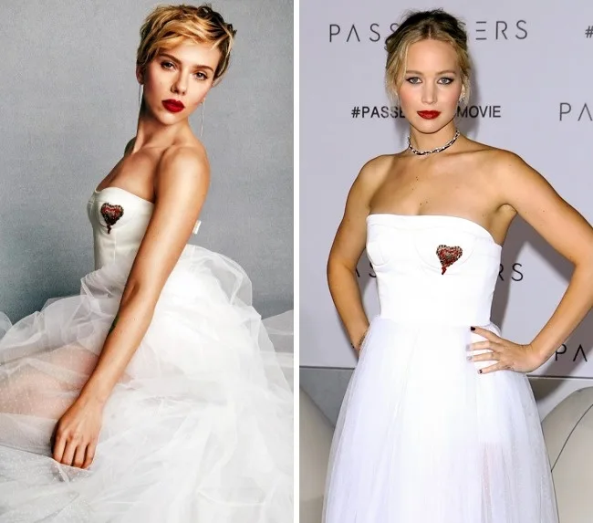 Δύο γυναίκες celebrities φορούν το ίδιο λευκό στράπλες φόρεμα με κεντημένη καρδιά.