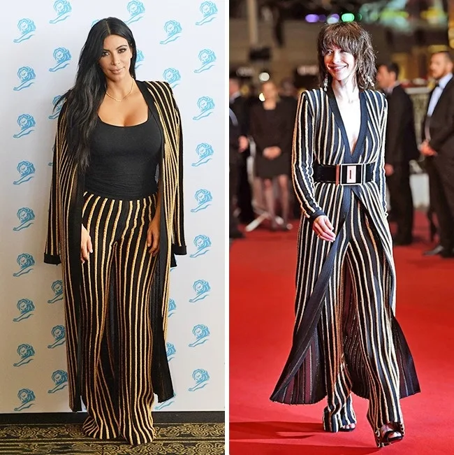 Δύο γυναίκες celebrities φορούν το ίδιο ριγέ σύνολο σε διαφορετικές δημόσιες εμφανίσεις.