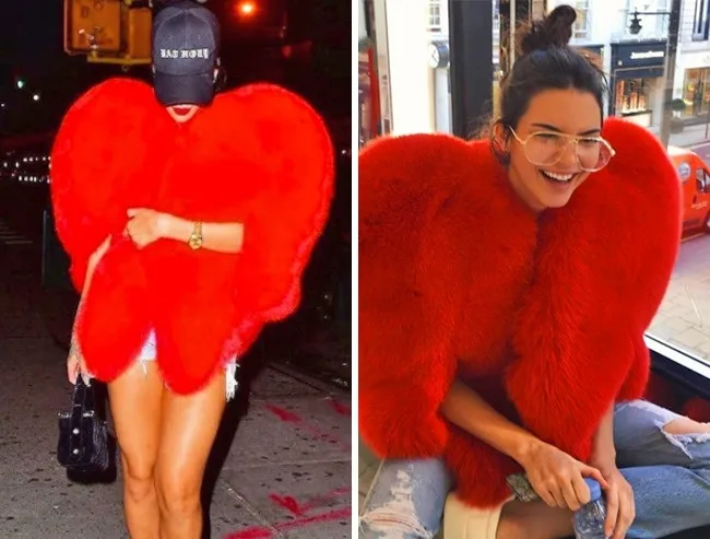 Η Rihanna και η Kendall Jenner με το ίδιο κόκκινο γούνινο πανωφόρι σε σχήμα καρδιάς.