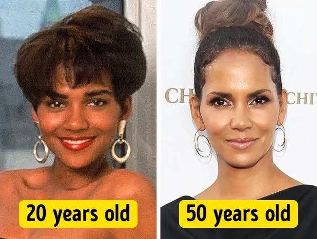 Κολάζ φωτογραφιών της Halle Berry στα 20 και στα 50 της χρόνια.