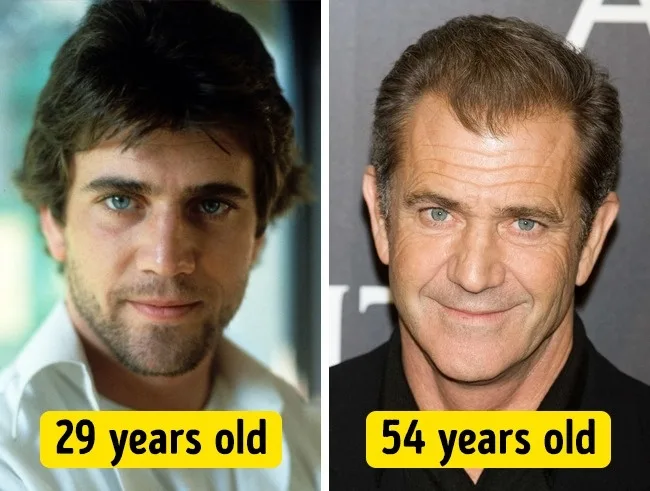 Κολάζ φωτογραφιών του Mel Gibson σε ηλικία 29 και 54 ετών.