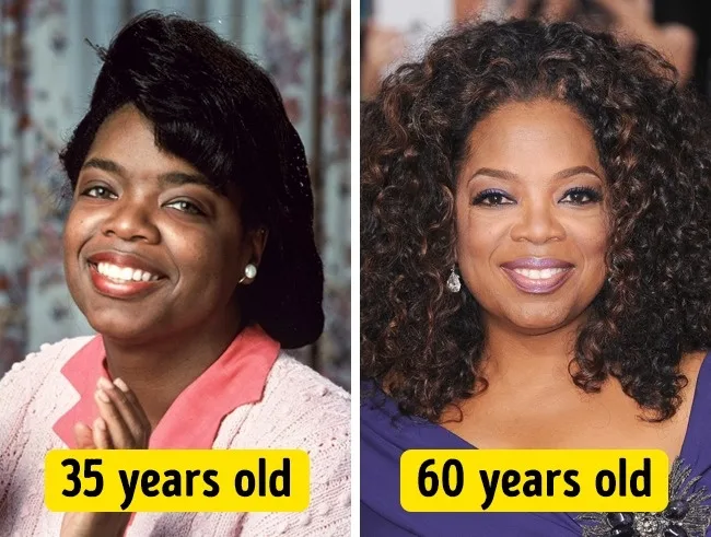 Σύγκριση φωτογραφιών της Oprah Winfrey σε ηλικία 35 και 60 ετών.