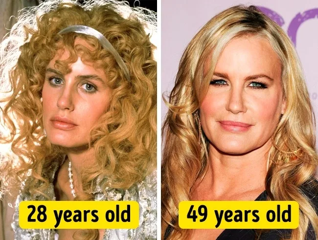 Σύγκριση φωτογραφιών της Daryl Hannah σε ηλικία 28 και 49 ετών.