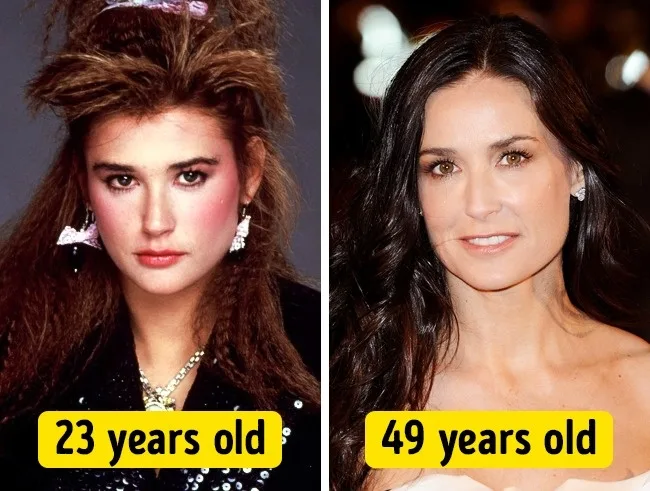 Σύγκριση φωτογραφιών της Demi Moore στα 23 και στα 49 της χρόνια.