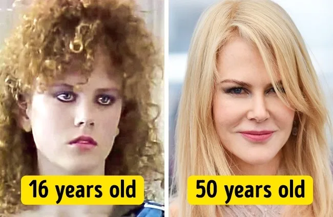 Κολάζ με δύο φωτογραφίες της Nicole Kidman σε ηλικία 16 και 50 ετών.