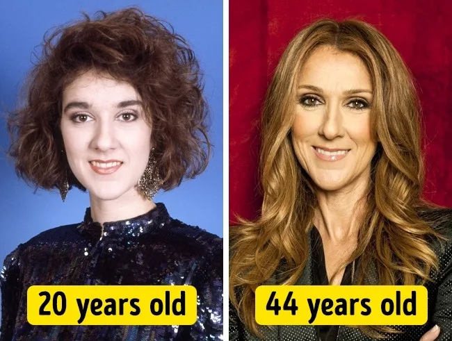 Κολάζ με τη Céline Dion στα 20 και στα 44 της χρόνια.