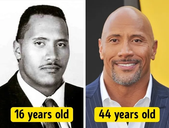 Κολάζ με τον Dwayne Johnson σε ηλικία 16 και 44 ετών.