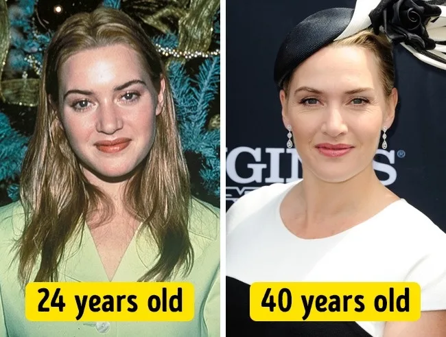 Κολάζ φωτογραφιών της Kate Winslet στα 24 και στα 40 της χρόνια.